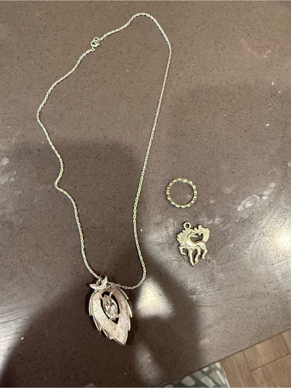Silver-Tone Leaf Pendant Necklace with Charm and Accent Ring- 3pc Bundle